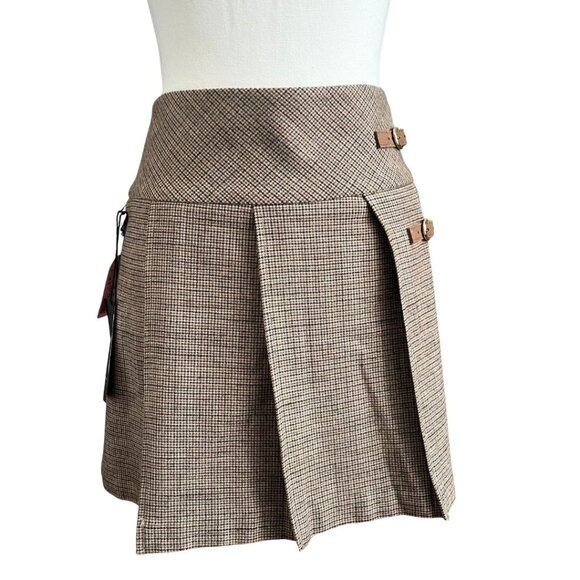 NWT CHRISTIAN LACROIX BROWN CHECK PLEATED SKATER MINI SKIRT- M - Picture 1 of 8